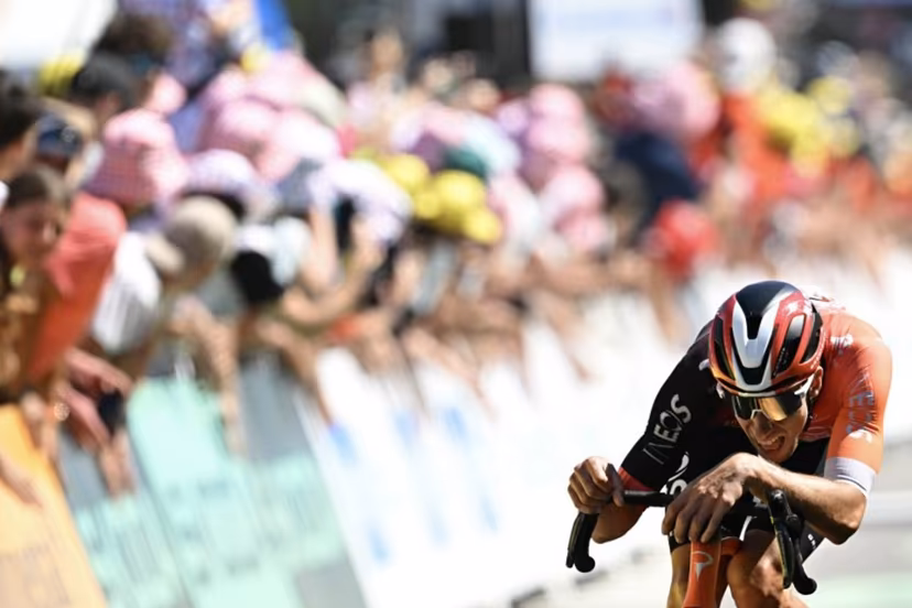INEOS Grenadiers team's French rider Axel Laurance reacts as he crossed the finish line during the 7th stage of the 112th edition of the Tour de France cycling race, 197 km between Saint-Malo and Mur-de-Bretagne Guerledan, in Brittany, western France, on July 11, 2025. Loic VENANCE / AFP