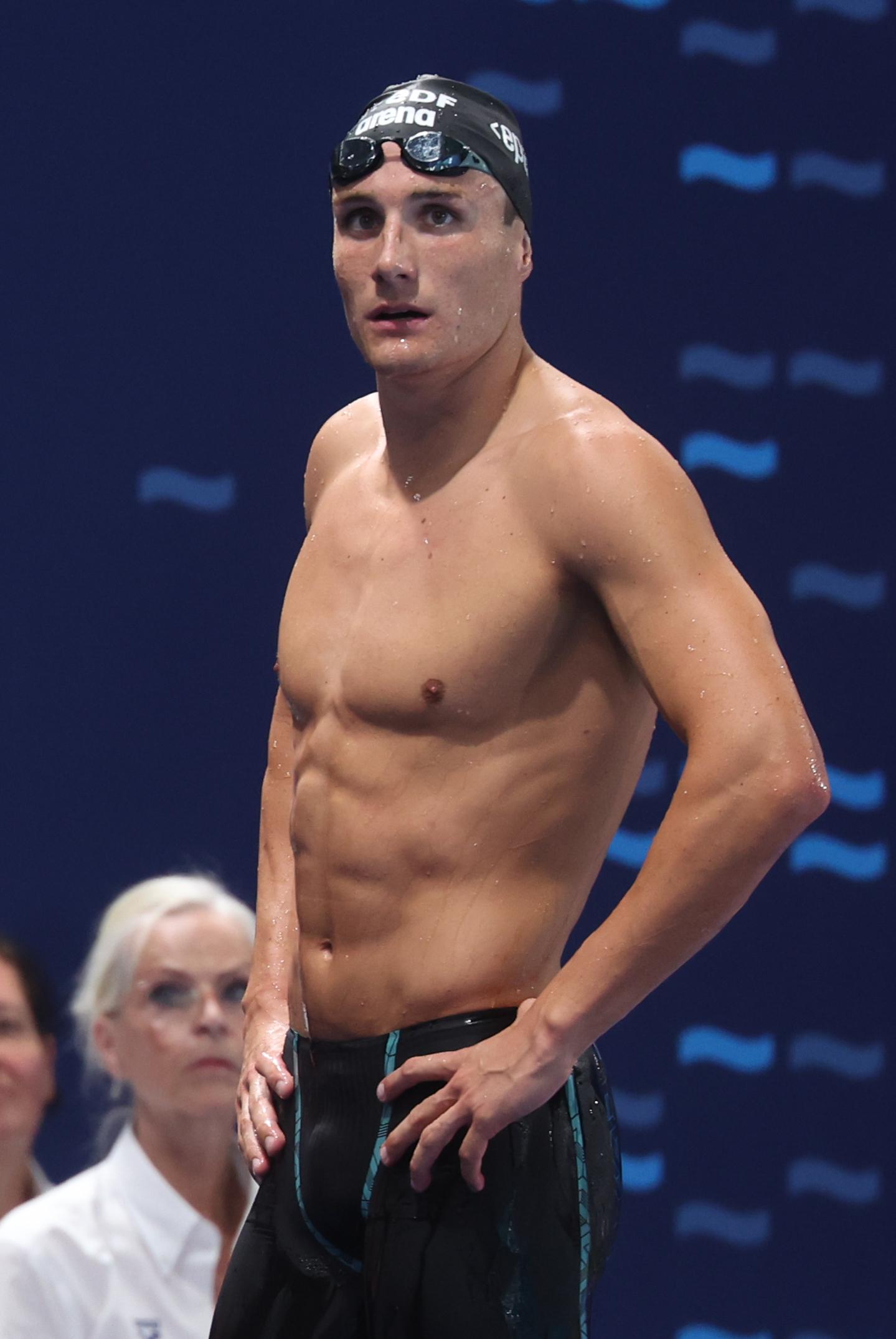 Belgian athlete Lucas Henveaux looks dejected after the final of the Men's 400 m freestyle race on the last day of the European Aquatics Championships in Paris, France on Sunday 16 August 2026. BELGA PHOTO VIRGINIE LEFOUR