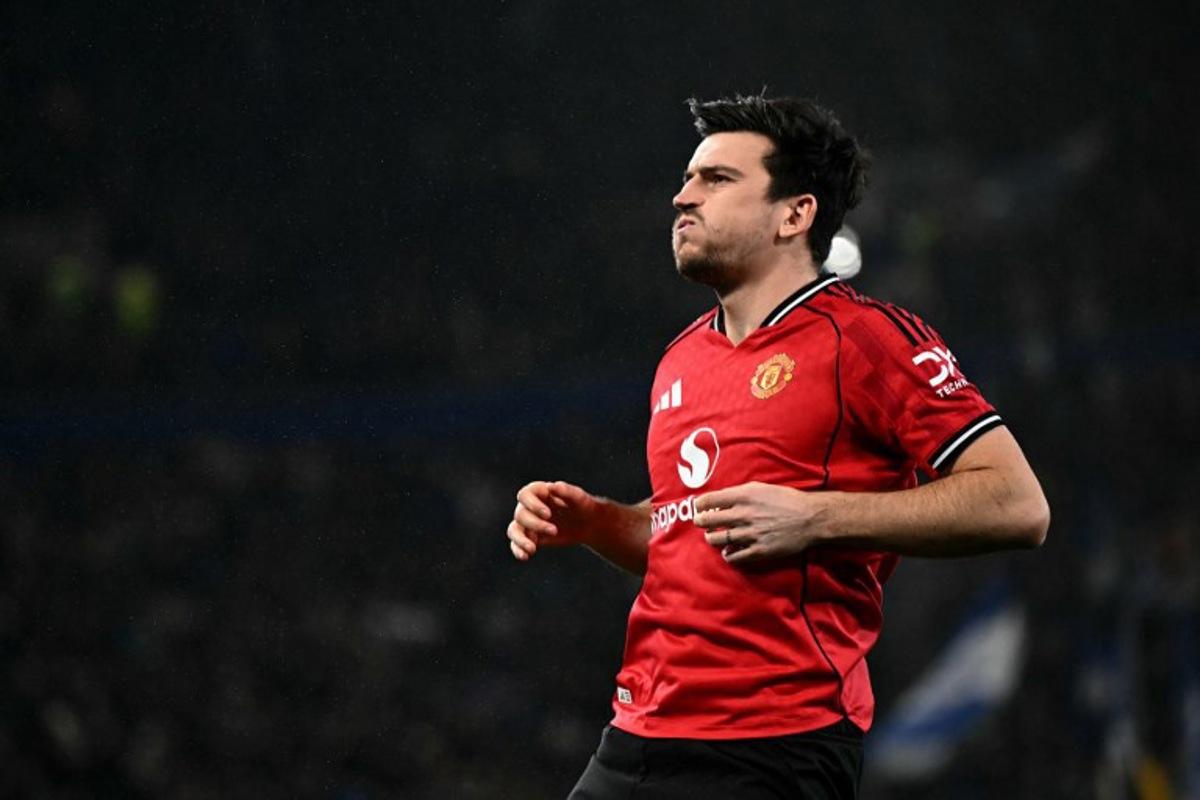 Manchester United's English defender #05 Harry Maguire react ahead of the English Premier League football match between Everton and Manchester United at the Hill Dickinson Stadium in Liverpool, north west England on February 23, 2026. Paul ELLIS / AFP