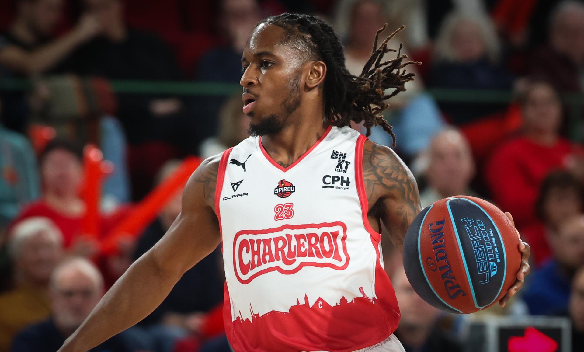 Spirou's Christopher Lykes pictured in action during a basketball match between Spirou Charleroi and BC Oostende, Friday 17 October 2025 in Charleroi, on day 4 of the 'BNXT League' Belgian/ Dutch first division basket championship. BELGA PHOTO VIRGINIE LEFOUR