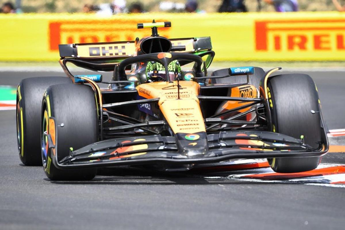 McLaren's British driver Lando Norris steers his car during the first practice session ahead of the Formula One Hungarian Grand Prix at the Hungaroring circuit at Mogyorod village, east from the capital Budapest, on August 1, 2025. Ferenc ISZA / AFP