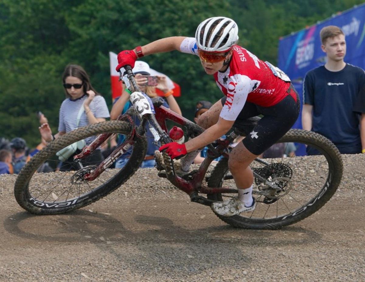 Switzerland's Sina Frei competes to place third in the Women's Cross Country event of the Mountain Bike Cycling competition of the European Games 2023 in Krynica, southwestern Poland, on June 25, 2023. JANEK SKARZYNSKI / AFP