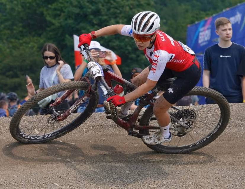 Switzerland's Sina Frei competes to place third in the Women's Cross Country event of the Mountain Bike Cycling competition of the European Games 2023 in Krynica, southwestern Poland, on June 25, 2023. JANEK SKARZYNSKI / AFP