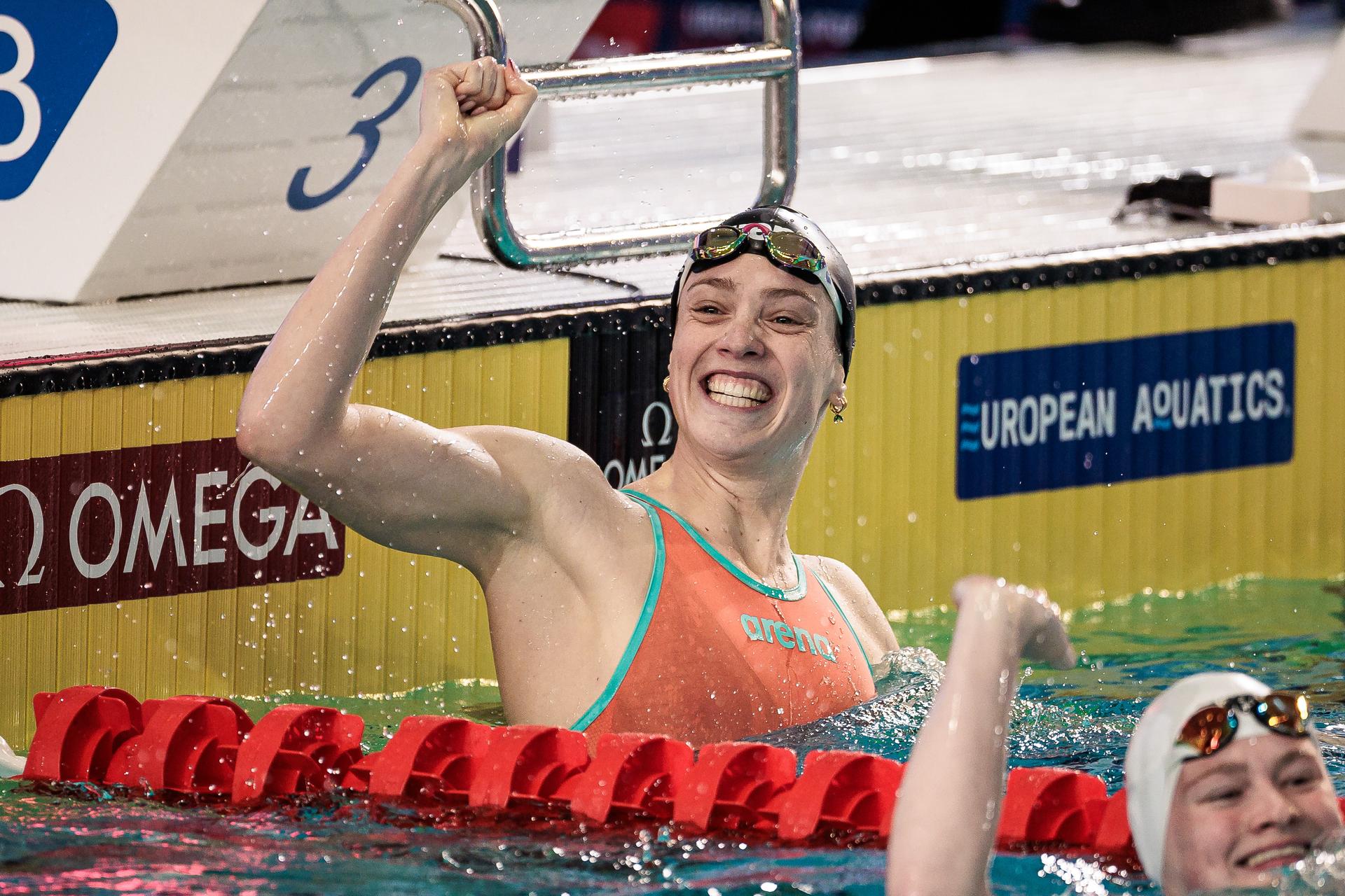Florine Gaspard of Belgium during the Women's 50m Breaststroke Final at the European Aquatics Short Course Swimming Championships in Lublin, Poland, on Sunday 07 December 2025. BELGA PHOTO NIKOLA KRSTIC