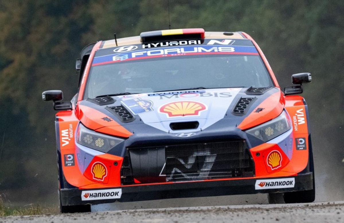 Belgian driver Thierry Neuville and co-driver Martijn Wydaeghe compete in their Hyundai i20 N Rally 1 car during day three of the FIA World Rally Championship WRC Central European Rally at the SS9 "Made in FRG" stage near Roehrnbach close to Passau, southern Germany on October 18, 2025. Joe Klamar / AFP