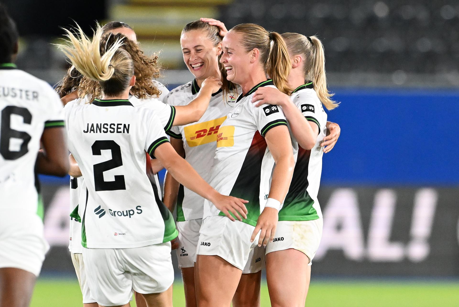 OHL's Julie Biesmans celebrates after scoring during a game between Oud-Heverlee Leuven Women and Poland women team Czarni Sosnowiec, Wednesday 2 September 2026 in Leuven, a return leg in the third round qualification game in the UEFA Women's Champions League. OHL Women won 1-4 the first leg. BELGA PHOTO JILL DELSAUX