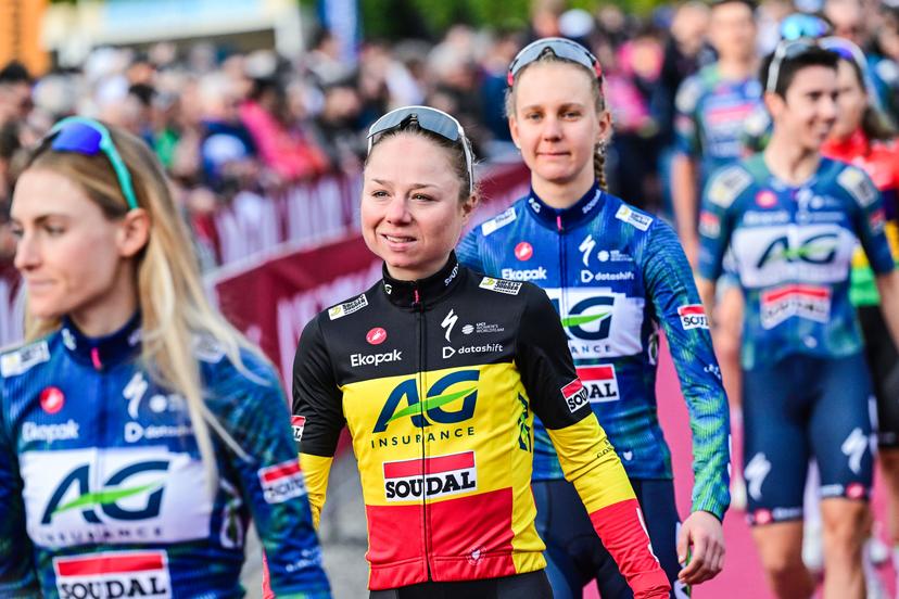 Belgian Justine Ghekiere of AG Insurance-Soudal Team pictured during the team presentations ahead of the 'Strade Bianche' one day cycling race from and to Siena, Italy, Friday 06 March 2026. BELGA PHOTO DIRK WAEM