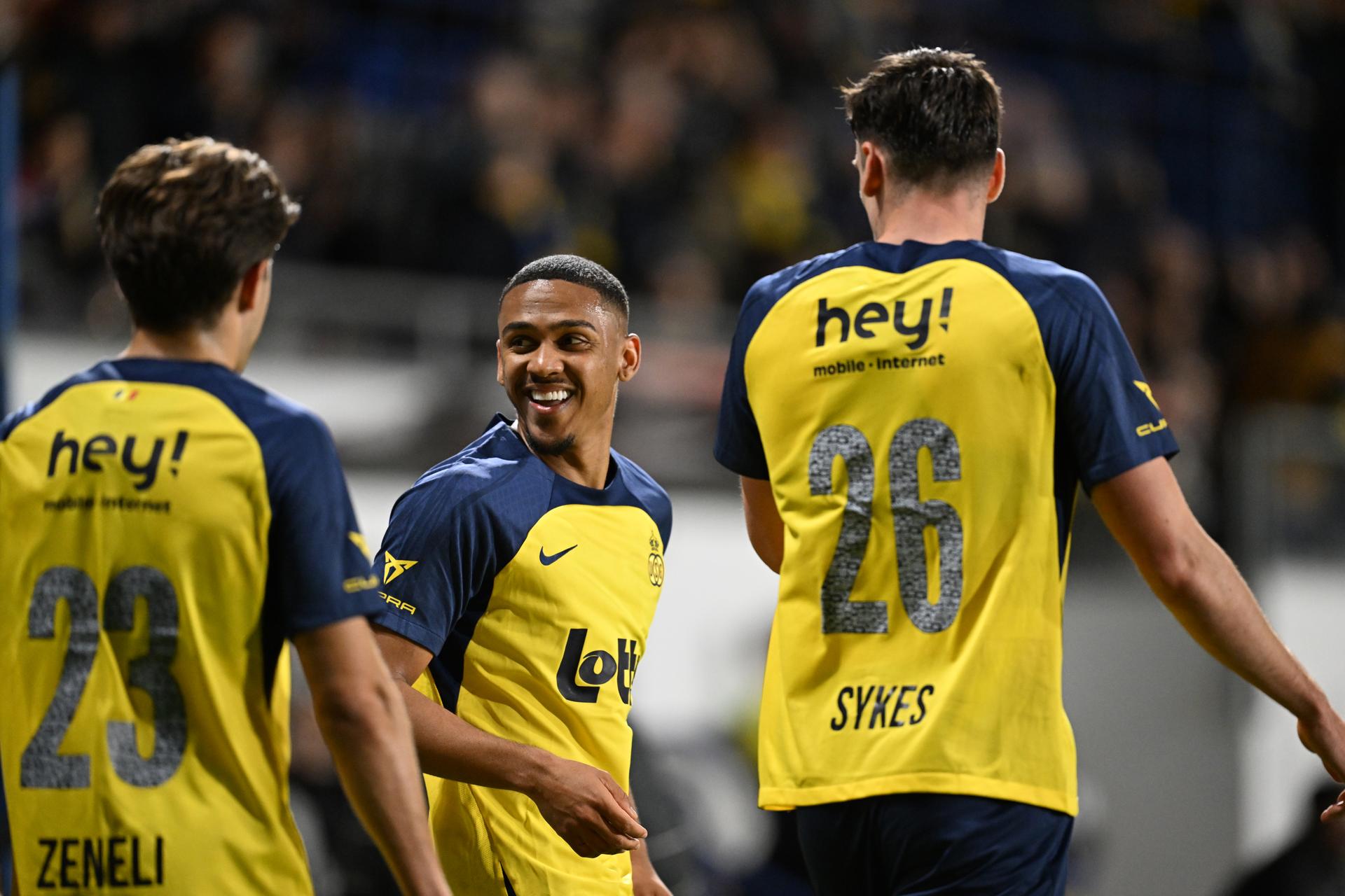 Union's Guilherme Smith celebrates after scoring during a soccer match between Royale Union Saint-Gilloise and Sint-Truiden VV, Saturday 04 April 2026 in Brussels, on the first day of the Champion's Play-offs (PO1) of the 2025-2026 'Jupiler Pro League' first division of the Belgian championship. BELGA PHOTO JOHN THYS
