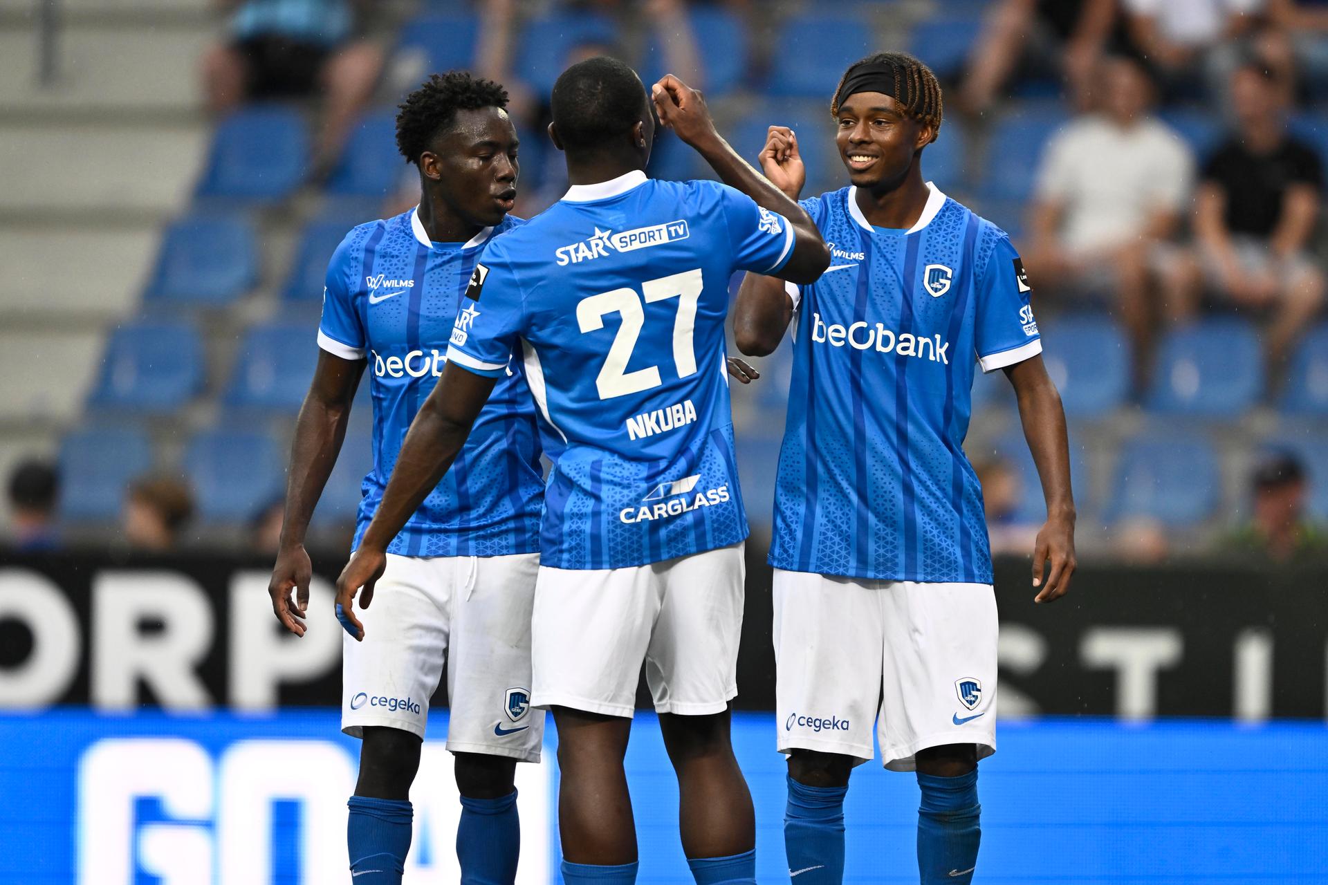 Genk's Yaimar Medina, Genk's Ken Nkuba and Genk's Noah Adedeji-Sternberg celebrate after scoring during the fanday of Belgian soccer team KRC Genk on Saturday 19 July 2025, in Genk. The team is preparing for the upcoming 2025-2026 first division season. BELGA PHOTO JOHAN EYCKENS