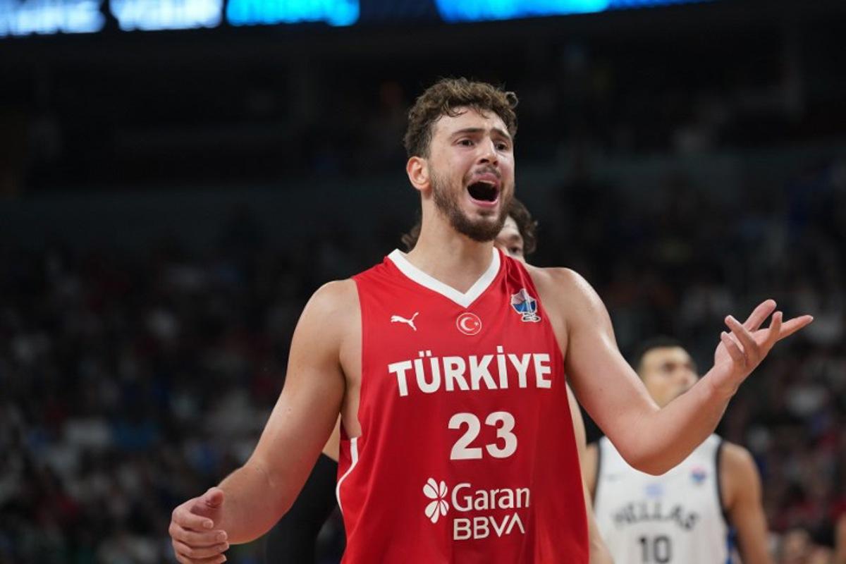 Turkey's power forward #23 Alperen Sengun during the FIBA EuroBasket 2025 semi-final basketball match between Greece and Turkey in Riga, Latvia, on September 12, 2025. Gints Ivuskans / AFP