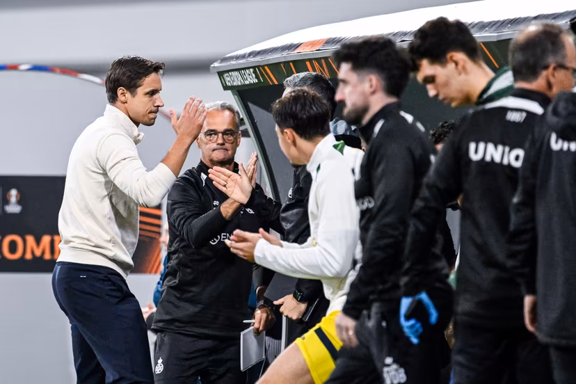 Union's head coach David Hubert celebrates after winning a soccer game between Czech FC Viktoria Plzen and Belgian Royale Union Saint-Gilloise, Thursday 17 September 2026 in Plzen, Czech Republic, on the first day (out of 8) in the league phase of the UEFA Europa League competition. BELGA PHOTO TOM GOYVAERTS