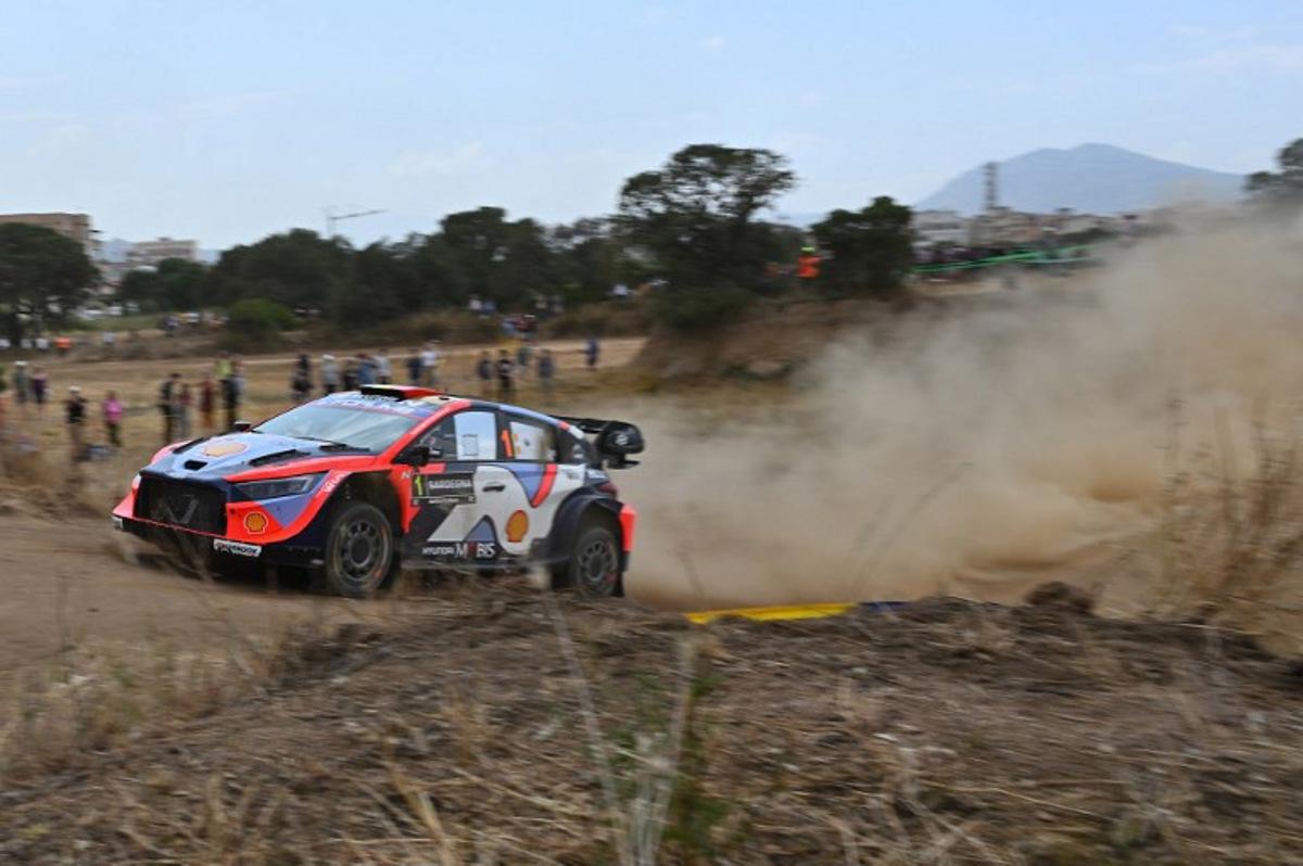 Belgium driver Thierry Neuville steers his Hyundai i20N Rally 1 assisted by his co-driver Martijn Wydaeghe, during the shakedown in Cabu Abbas, near Olbia, in the 22nd edition of Rally of Sardegna in Italy, 6th round of the FIA World Rally Championship (WRC), on June 5, 2025. Andreas SOLARO / AFP