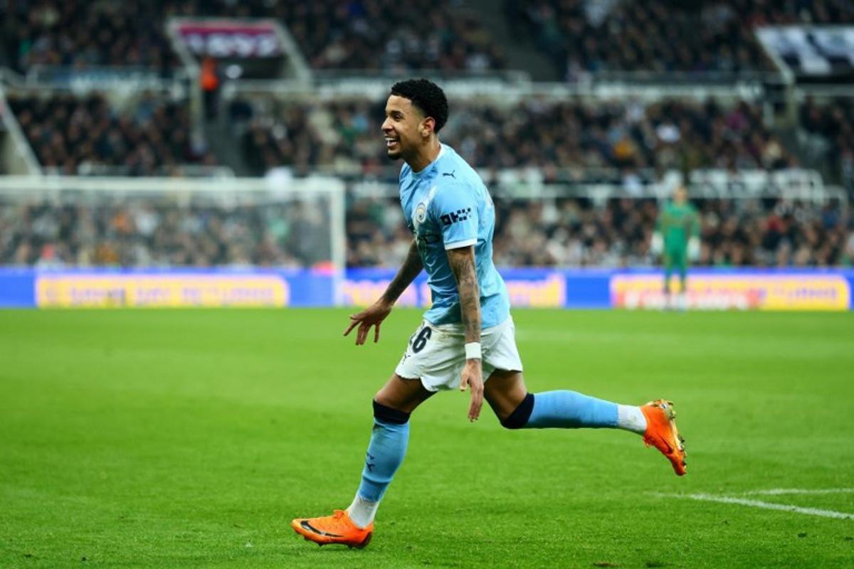 Manchester City's Brazilian midfielder #26 Savinho celebrates scoring the team's first goal during the English English FA Cup fifth round football match between Newcastle United and Manchester City at St James' Park in Newcastle-upon-Tyne, north east England on March 7, 2026. Paul Currie / AFP