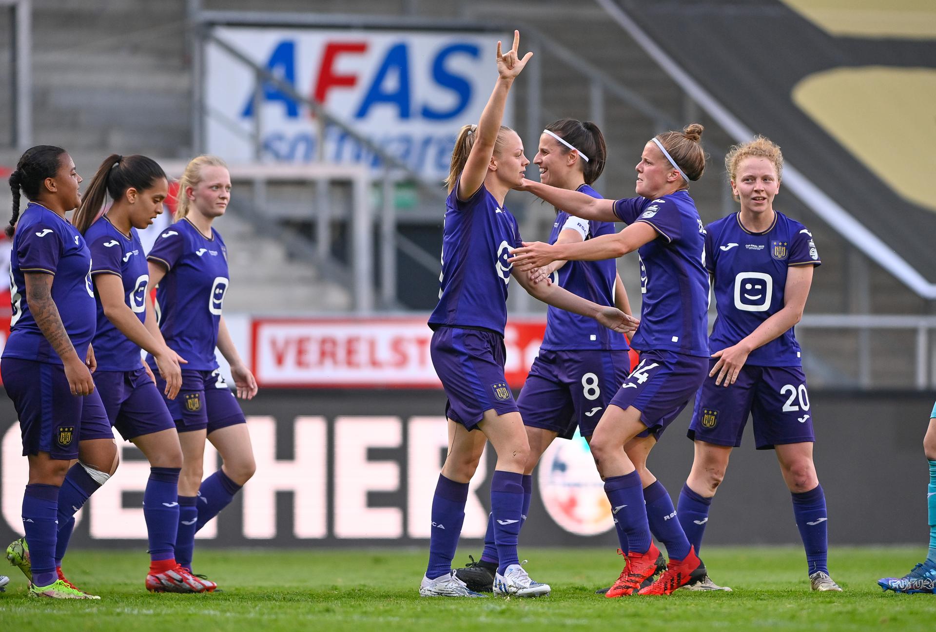 Anderlecht Women's players celebrate after scoring during the Belgian Cup final game between RSC Anderlecht women and Standard Femina de Liege, Saturday 14 May 2022, in Mechelen. BELGA PHOTO DAVID CATRY