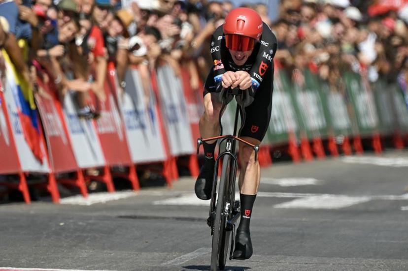 Team Tudor Pro Cycling Team's Swiss rider Stefan Kung crosses the finish line of the 18th stage of the Vuelta a Espana 2026 cycling tour, a 32,1 km individual time-trial race between El Puerto de Santa Maria and Jerez de la Frontera, on September 10, 2026. JORGE GUERRERO / AFP