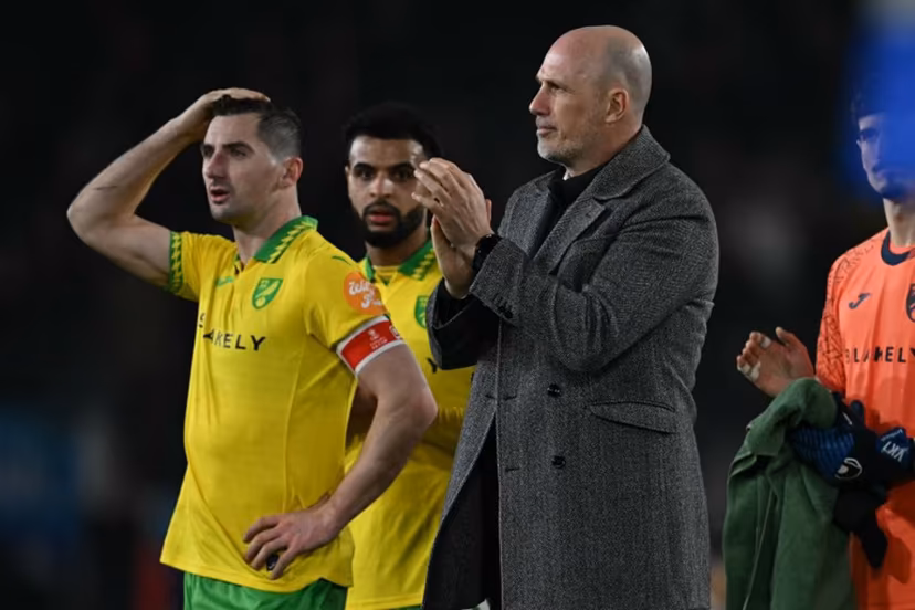 Norwich City's Belgian head coach Philippe Clement applauds their fans after the English FA Cup fifth round football match between Leeds United and Norwich City at Elland Road in Leeds, northern England on March 8, 2026. Leeds won the game 3-0. Paul ELLIS / AFP
