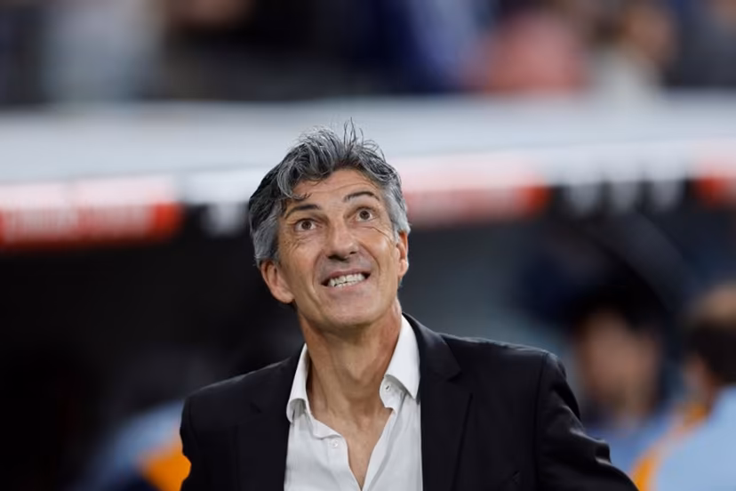 Real Sociedad's Spanish coach Imanol Alguacil looks on during the Spanish Copa del Rey (King's Cup) semi-final second leg football match between Real Madrid CF and Real Sociedad at the Santiago Bernabeu stadium in Madrid on April 1, 2025. OSCAR DEL POZO / AFP