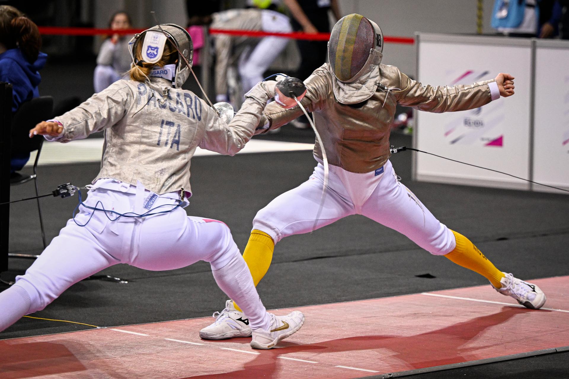 Fencing Athlete Jolien Corteyn pictured in action during a fight in the 1/16 round of the women's sabre competition, at the European Games in Krakow, Poland on Tuesday 27 June 2023. The 3rd European Games, informally known as Krakow-Malopolska 2023, is a scheduled international sporting event that will be held from 21 June to 02 July 2023 in Krakow and Malopolska, Poland. BELGA PHOTO LAURIE DIEFFEMBACQ