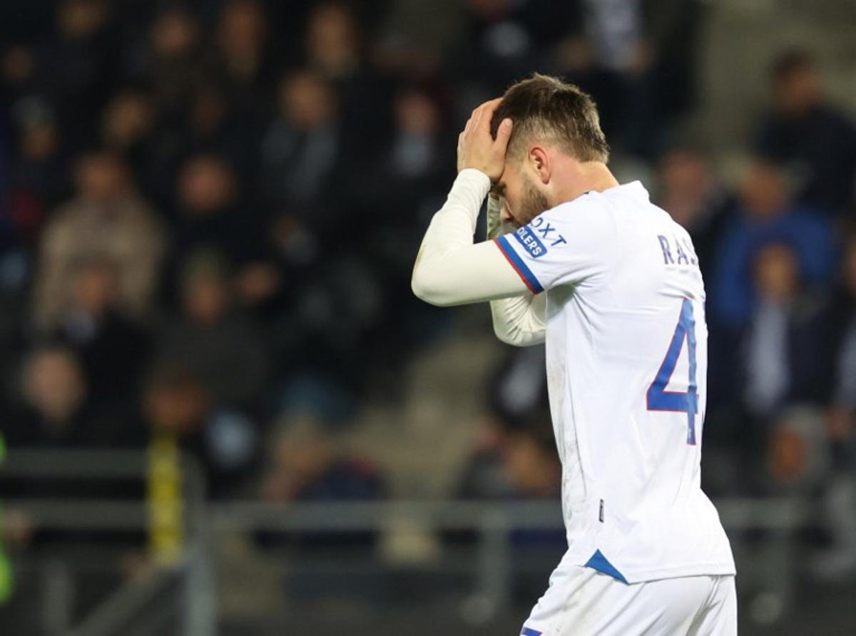 Glasgow Rangers' Belgian midfielder #43 Nicolas Raskin reacts during the UEFA Europa League first round day 2 football match Sturm Graz v Glasgow Rangers in Graz, Austria, on October 2, 2025. ERWIN SCHERIAU / APA / AFP