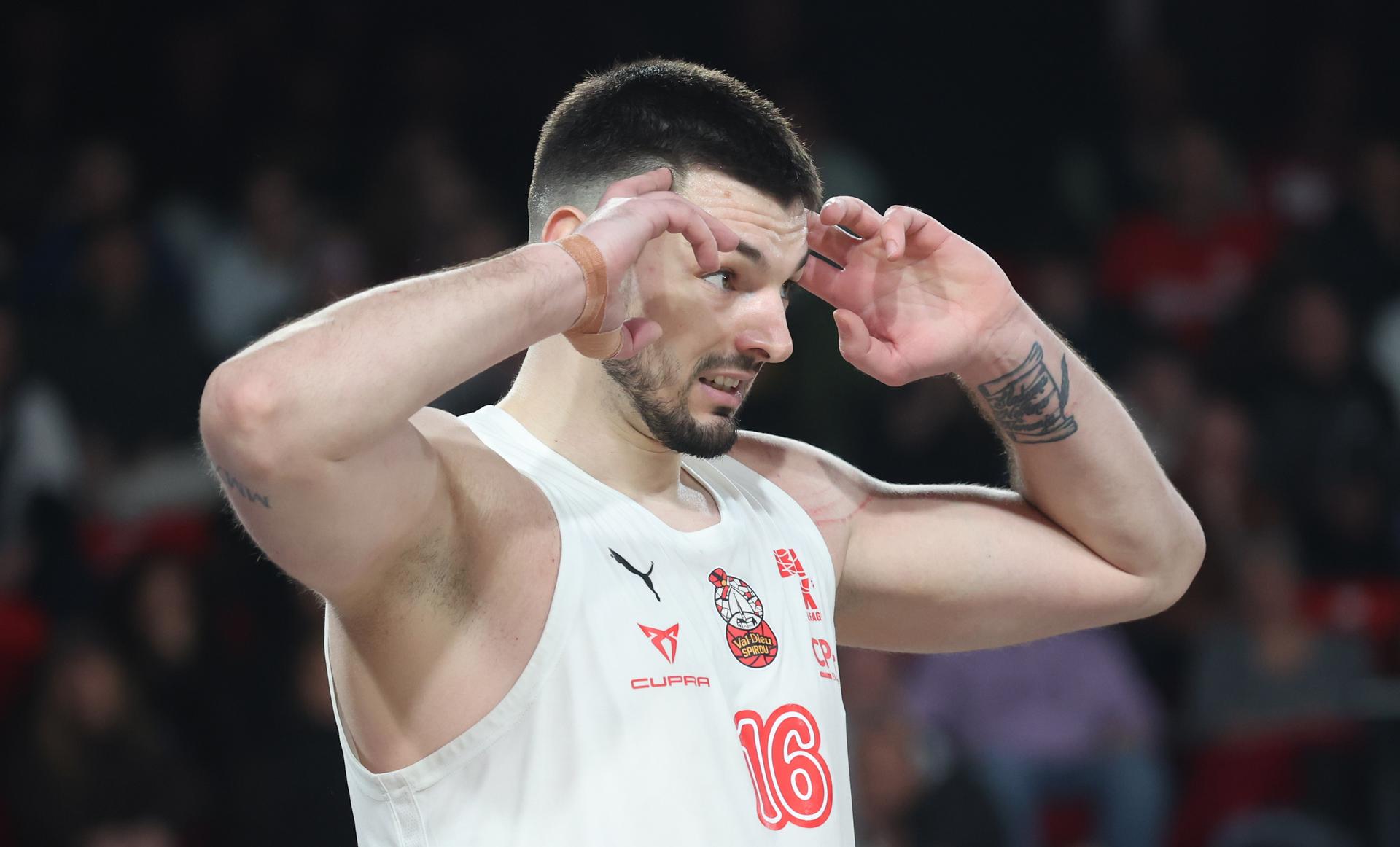 Spirou's Njegos Sikiras looks dejected during a basketball match between Spirou Charleroi and Limburg United, Wednesday 18 February 2026 in Charleroi, on day 20 of the 'BNXT League' Belgian and Dutch first division basket championships. BELGA PHOTO VIRGINIE LEFOUR