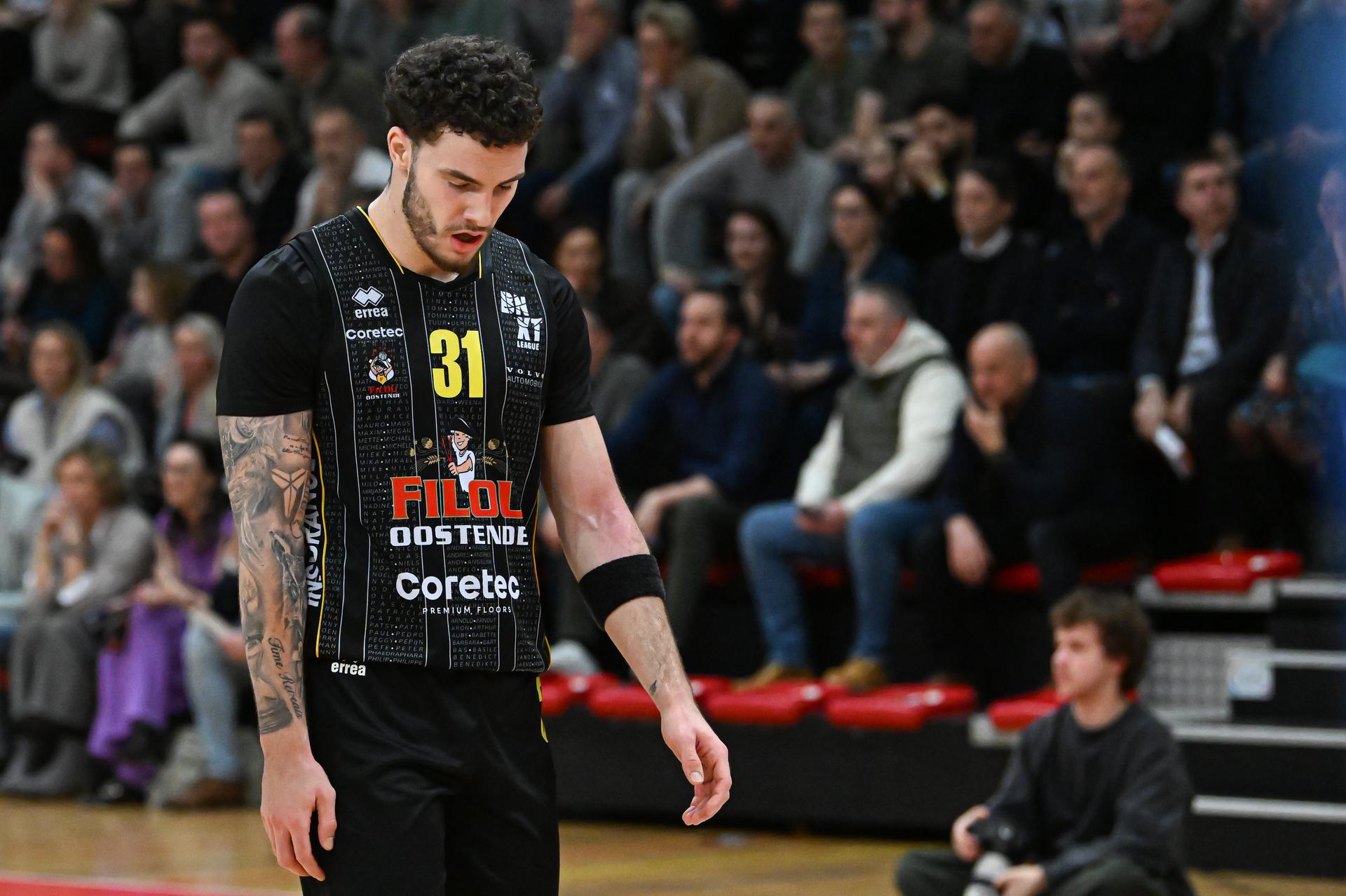 Oostende's Noam Yaacov looks dejected during a basketball match between Limburg United and BC Oostende, Friday 13 February 2026 in Hasselt, on day 19 of the 'BNXT League' Belgian/ Dutch first division basket championship. BELGA PHOTO JILL DELSAUX