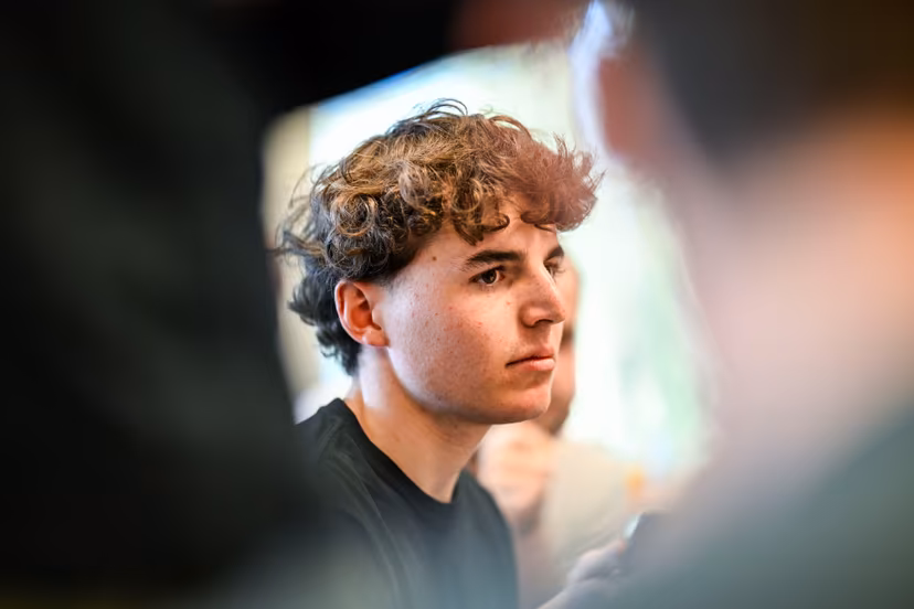 Belgian Jarno Widar of Lotto Dstny Development Team speaks with the press at the Lotto Cycling Team media day, in Temse, Friday 03 January 2025. BELGA PHOTO GOYVAERTS