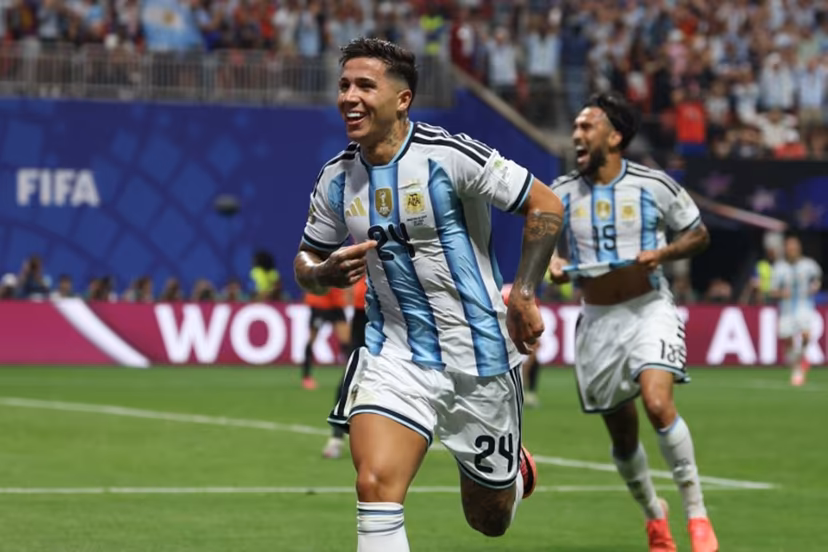 Argentina's midfielder #24 Enzo Fernandez celebrates after scoring his team's third goal during the 2026 World Cup round of 16 football match between Argentina and Egypt at Atlanta Stadium in Atlanta on July 7, 2026. Odd ANDERSEN / AFP