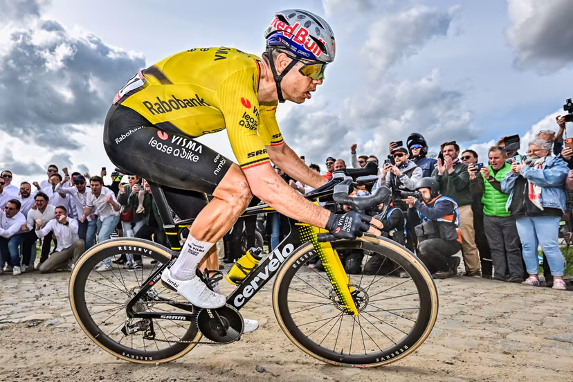 Belgian Wout van Aert of Team Visma-Lease a Bike pictured in action during the men's Paris-Roubaix cycling race, Sunday 12 April 2026, around Roubaix, France. The 123rd edition of Paris-Roubaix cycling races will take on Sunday, with the women riding 143,1 km the men riding 258,3 km on Sunday. BELGA PHOTO DIRK WAEM