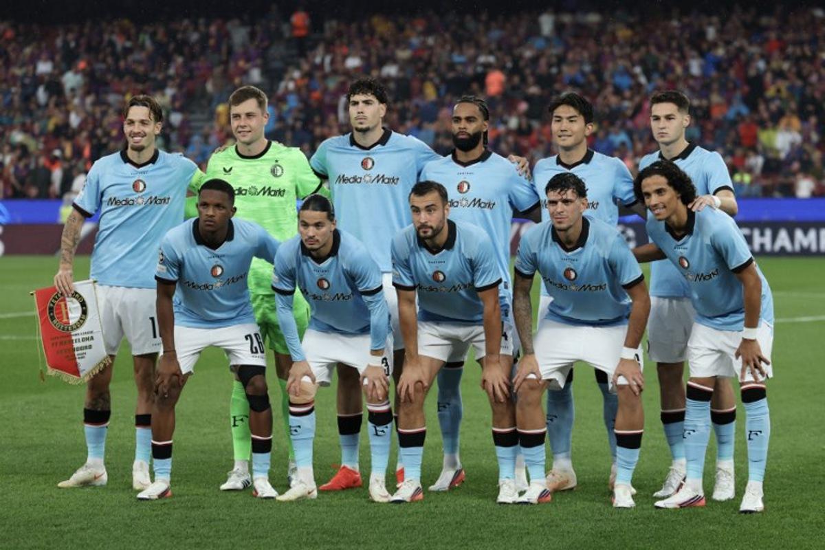 Feyenoord players pose before the UEFA Champions League first round day 1 football match between FC Barcelona and Feyenoord at Camp Nou stadium in Barcelona on September 9, 2026. Lluis GENE / AFP