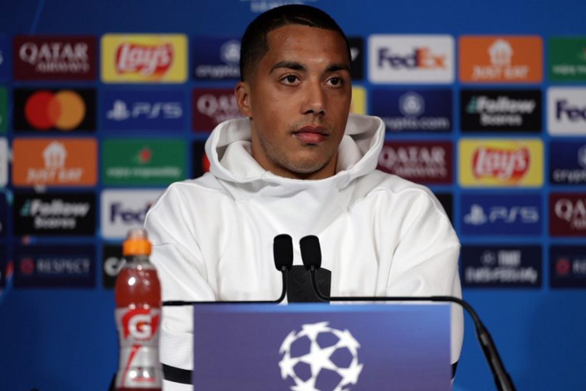 Aston Villa's Belgian midfielder #08 Youri Tielemans gives a press conference on the eve of the UEFA Champions League quarter final first leg football match against Paris Saint-Germain at the Parc des Princes stadium in Paris, on April 8, 2025. FRANCK FIFE / AFP