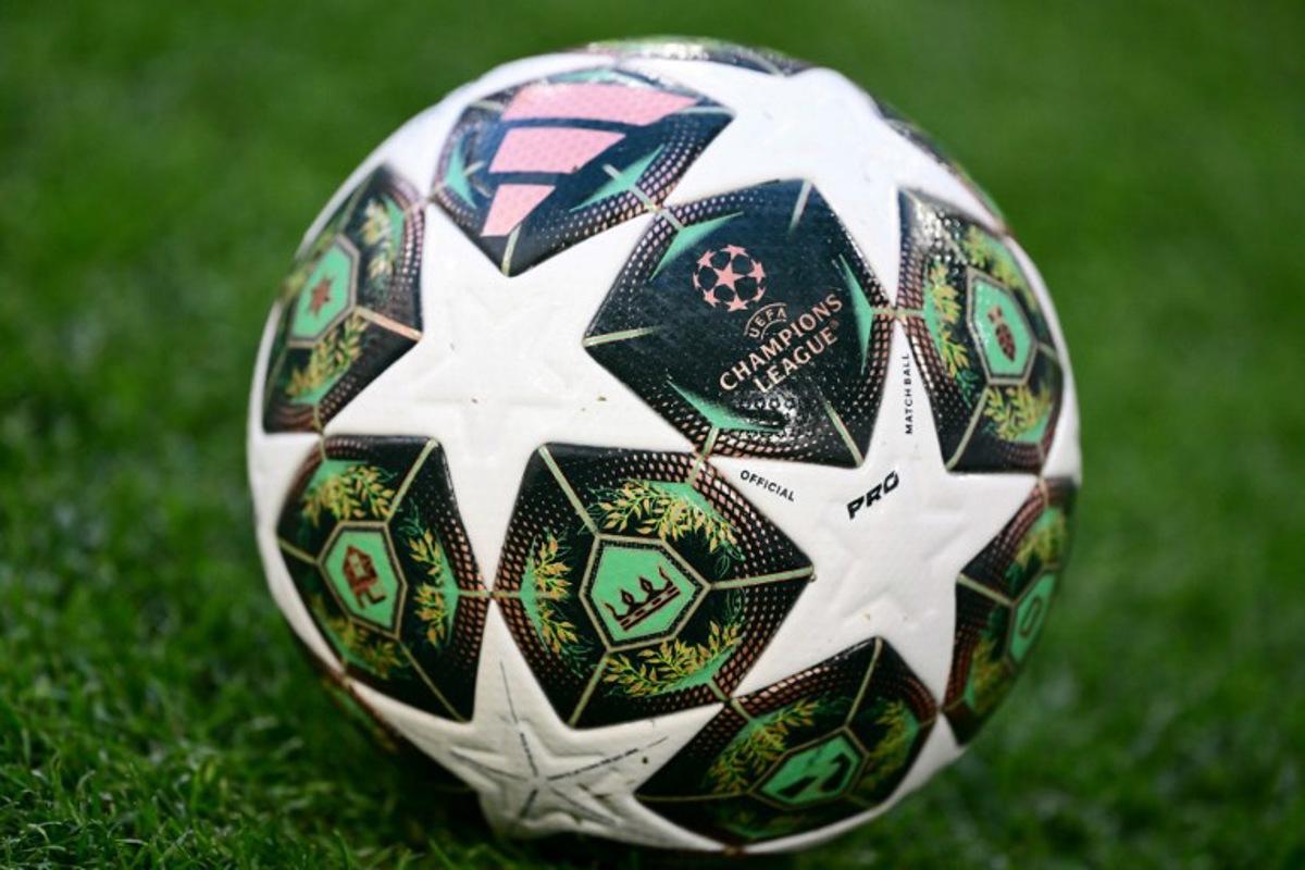 The official UEFA Champions League matchball is pictured during the MD-1 training session on the eve of the UEFA Champions League final football match between Inter Milan and Paris Saint-Germain (PSG) in Munich, southern Germany, on May 30, 2025. Marco BERTORELLO / AFP