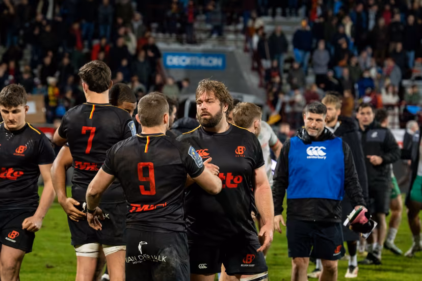 Players pictured in action during a rugby game between Belgium's Black Devils and Portugal, in the opening match of the European Rugby Champiosnhip, at Charles Tondreau Stadium in Mons, on Saturday 07 February 2026. BELGA PHOTO MARIUS BURGELMAN