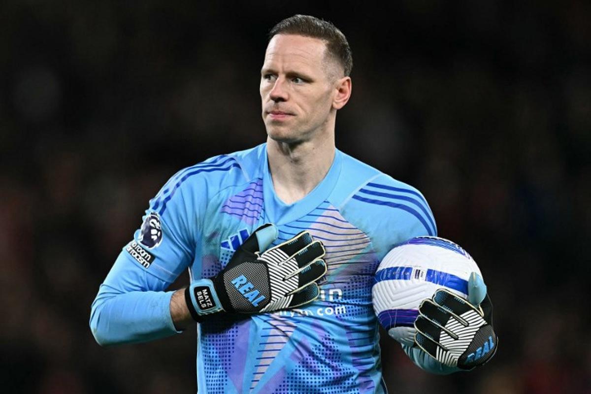 Nottingham Forest's Belgian goalkeeper #26 Matz Sels reacts during the English Premier League football match between Nottingham Forest and Manchester United at The City Ground in Nottingham, central England, on April 1, 2025. Paul ELLIS / AFP