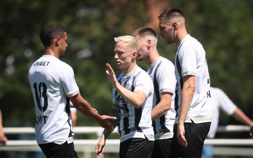 Charleroi's Patrick Pflucke celebrates after scoring during a friendly soccer game between Belgian first division team Sporting Charleroi and French second division team Stade de Reims on Saturday 11 July 2026 in Charleroi, in preparation of the upcoming 2026-2027 Belgian soccer season. BELGA PHOTO VIRGINIE LEFOUR