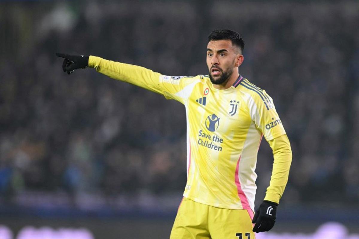 Juventus' Argentine forward #11 Nicolas Gonzalez gestures during the UEFA Champions League, league phase matchday 7, football match between Club Brugge KV and Juventus FC at the Jan Breydel Stadium in Bruges, on January 21, 2025. NICOLAS TUCAT / AFP