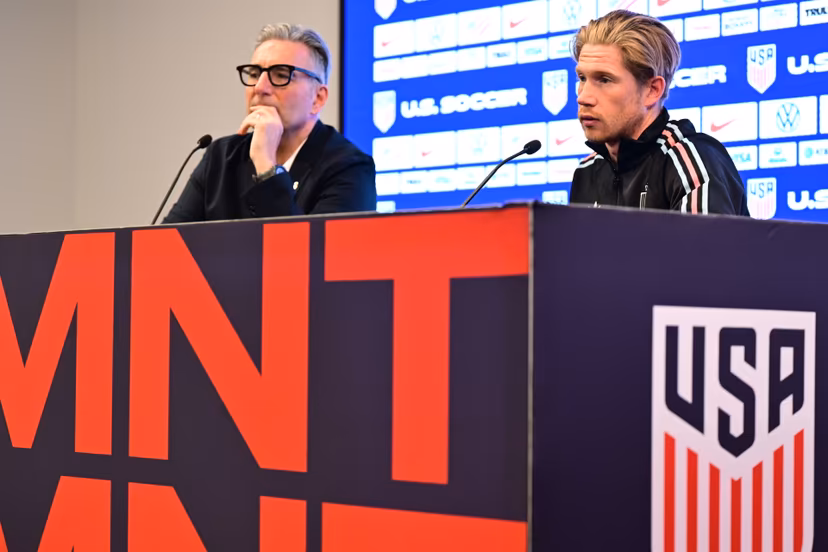 Spokesman David Steegen and Kevin De Bruyne pictured at a press conference of Belgian national soccer team Red Devils in Atlanta, United States, on Friday 27 March 2026. The team is preparing for tomorrow's friendly match against the United States, in preparation for the 2026 World Cup. BELGA PHOTO DIRK WAEM