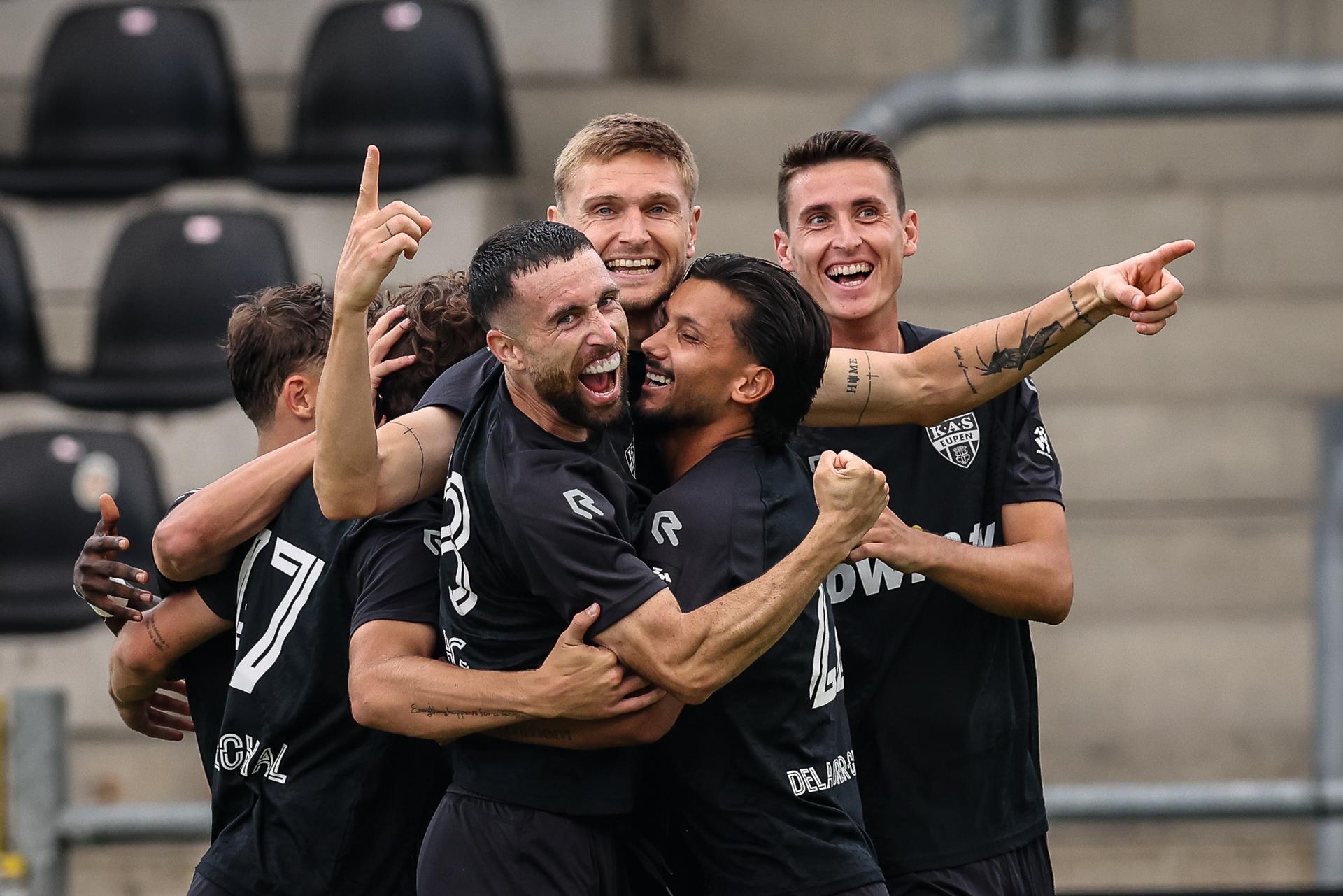 Eupen's Igor Plastun celebrates after scoring during a soccer match between KAS Eupen and Jong Genk, Saturday 15 August 2026 in Eupen, on day 1 of the 2026-2027 'Challenger Pro League' second division of the Belgian championship. BELGA PHOTO BRUNO FAHY