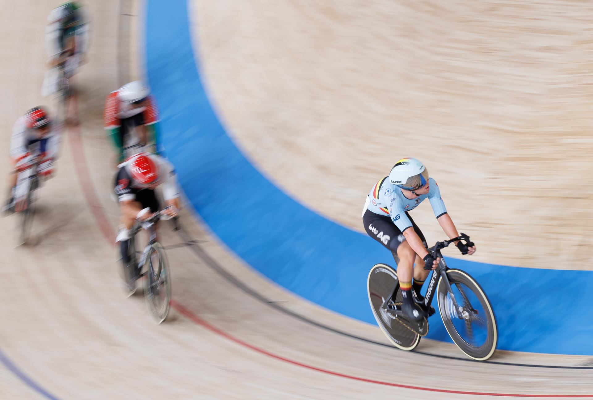 Belgian Fabio Van den Bossche rides on a bike during the Men's omnium event at the UCI Track Cycling World Championships in Shanghai, China on Saturday 17 October 2026. The worlds are taking place from 14 to 18 October 2026. BELGA PHOTO BENOIT DOPPAGNE