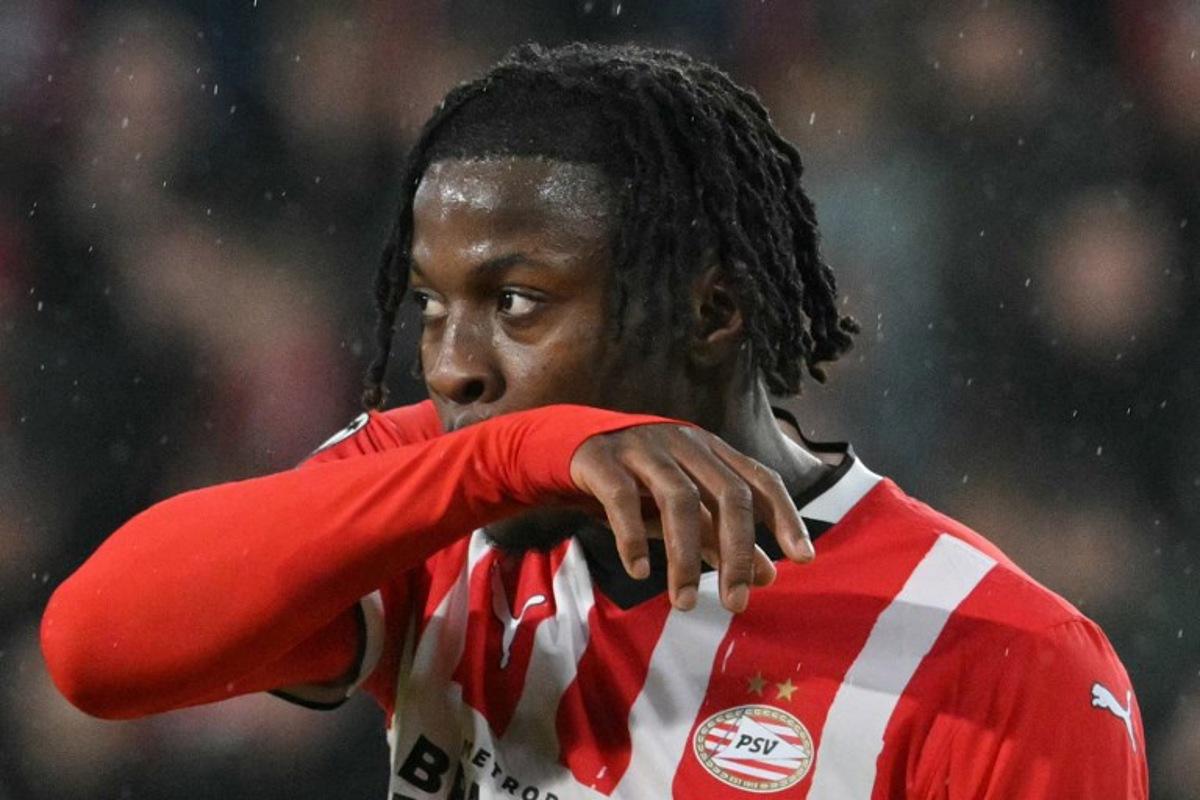 PSV Eindhoven's Belgian forward #11 Johan Bakayoko reacts during the UEFA Champions League, league phase day 8, football match between PSV Eindhoven (NED) and Liverpool FC (ENG) at the the Philips Stadion, in Eindhoven, on January 29, 2025. NICOLAS TUCAT / AFP