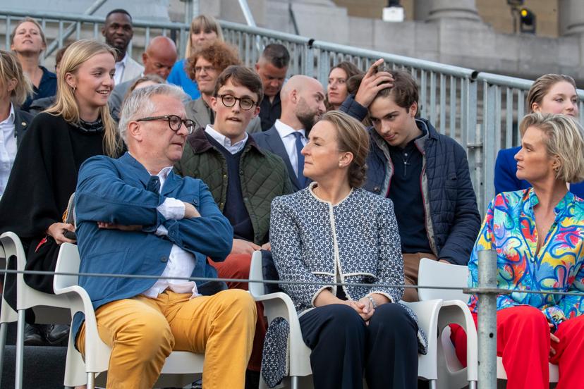 Princess Louise, Prince Laurent of Belgium, Prince Nicolas, Princess Claire of Belgium, Prince Aymeric and Princess Delphine pictured during a royal visit to the concert and fireworks 'Belgium Celebrates - Belgie viert feest - La Belgique fait la fete' event, at the Parc du Cinquantenaire - Jubelpark, the evening of the Belgian National Day, in Brussels, Friday 21 July 2023. BELGA PHOTO NICOLAS MAETERLINCK