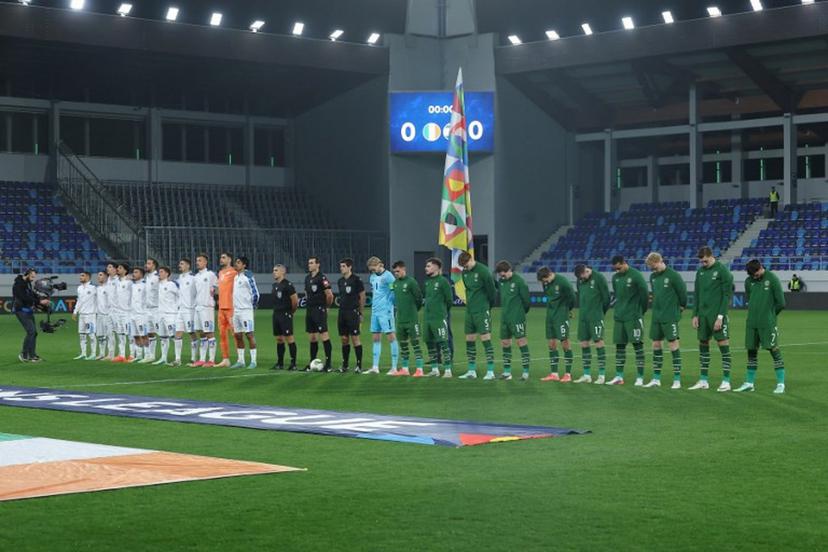 Israel's players (L) and the Republic of Ireland's players (R) stand alongside the officials for the national anthems ahead of the UEFA Nations League Group B3 football match between the Republic of Ireland and Israel at the TSC Arena in Backa Topola on October 4, 2026. Pedja Milosavljevic / AFP