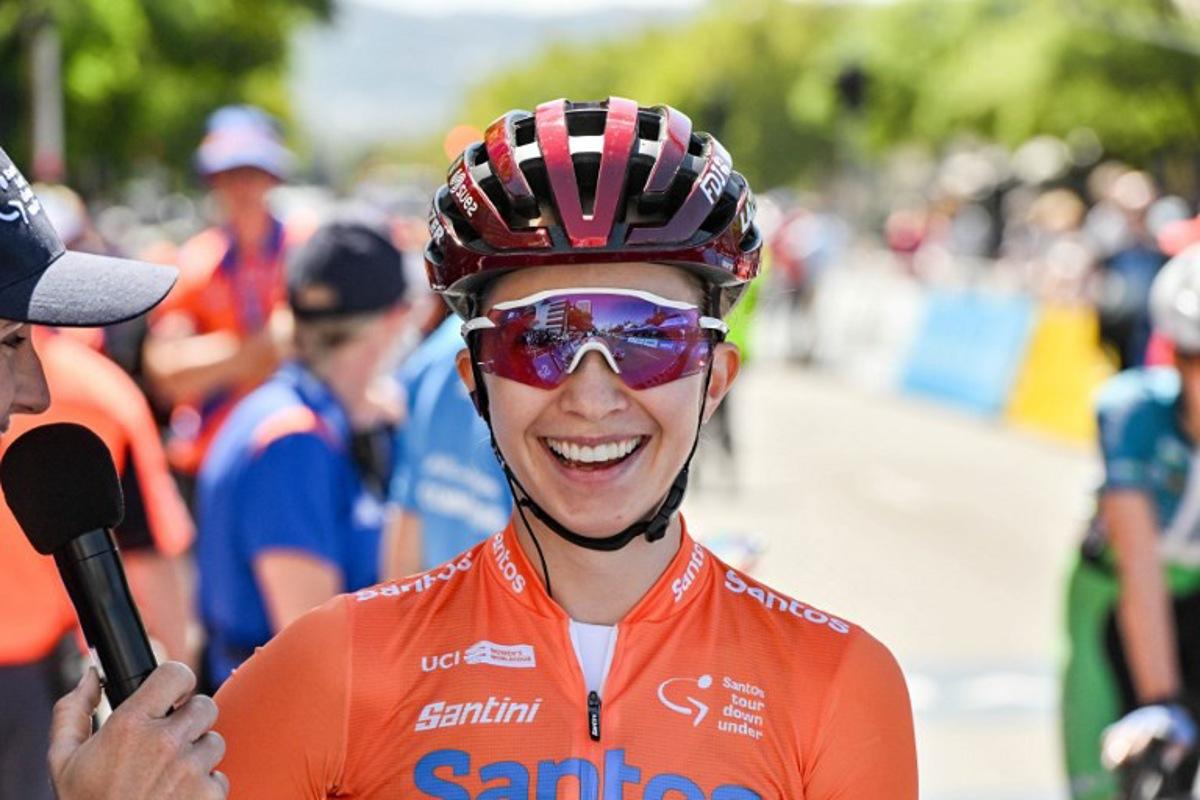 FDJ-SUEZ rider Cecilie Uttrup Ludwig from Denmark smiles prior to the third stage of the Tour Down cycling race in Adelaide on January 14, 2024. Brenton EDWARDS / AFP