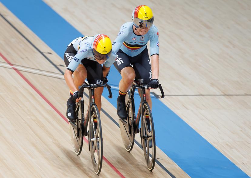Belgian Shari Bossuyt and Belgian Lotte Kopecky ride on a bike during the Women's Madison event at the UCI Track Cycling World Championships in Shanghai, China on Saturday 17 October 2026. The worlds are taking place from 14 to 18 October 2026. BELGA PHOTO BENOIT DOPPAGNE