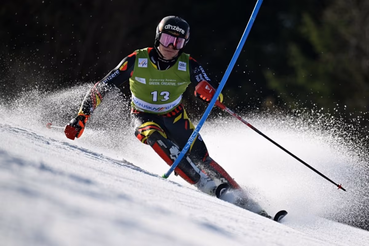 Belgium's Armand Marchant competes in the first run of the Men's Slalom event, part of FIS Alpine Ski World Cup 2025-2026 in Kranjska Gora, Slovenia on March 8, 2026. JURE MAKOVEC / AFP