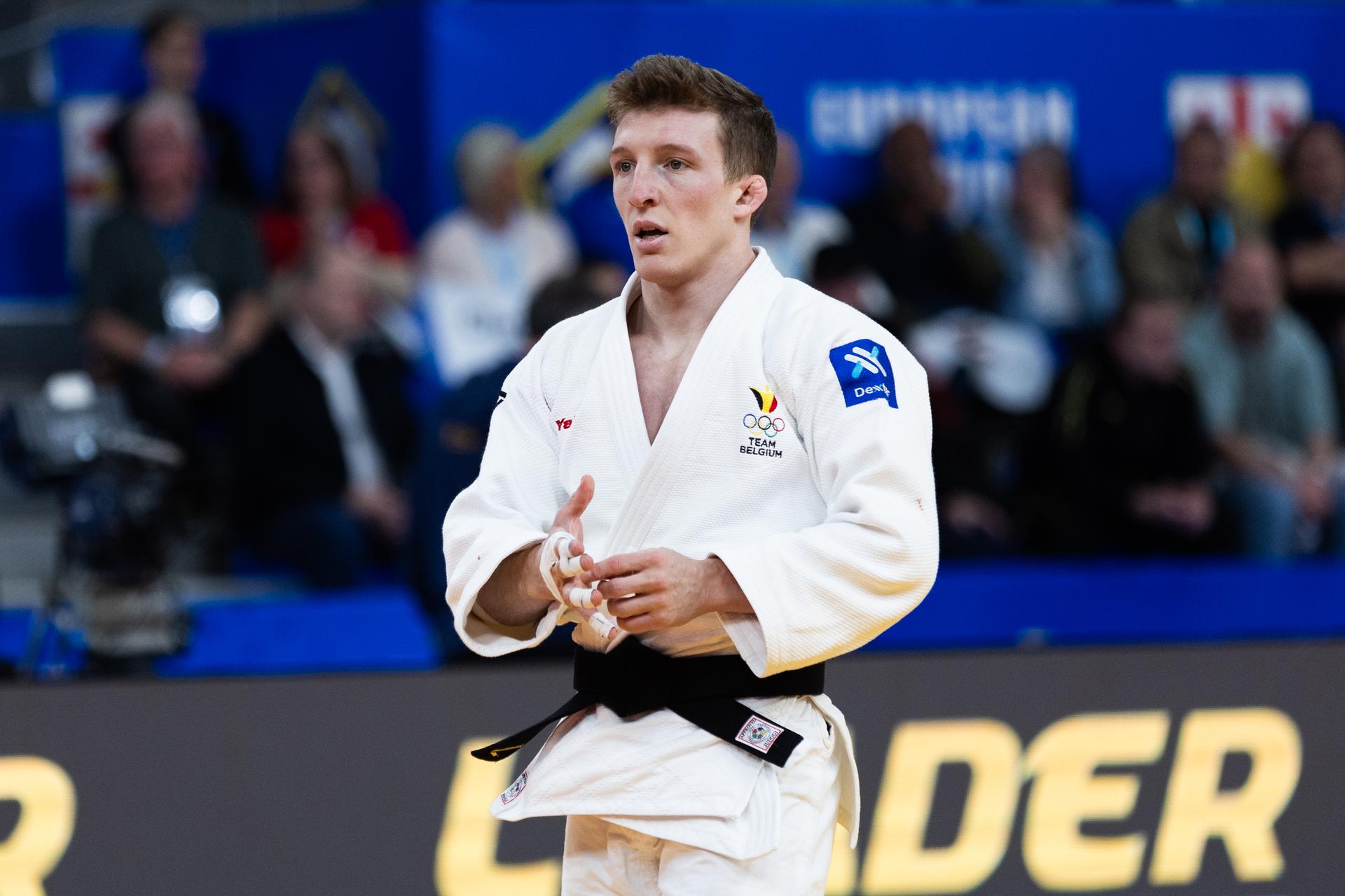 Jorre Verstraeten of Belgium (white) reacts during a fight in the Men -60kg, at the European Championships judo in Tbilisi, Georgia, on Thursday 16 April 2026. BELGA PHOTO NIKOLA KRISTC