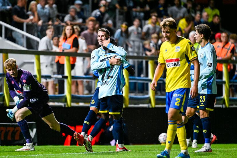 Union's Raul Florucz celebrates after scoring during a soccer match between KVC Westerlo and Royale Union Saint-Gilloise, Saturday 8 August 2026 in Westerlo, on day 1 of the 2026-2027 'Jupiler Pro League' first division of the Belgian championship. BELGA PHOTO TOM GOYVAERT