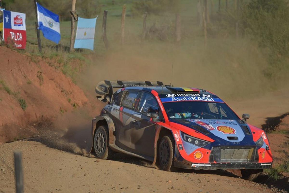 Belgium Driver Thierry Neuville And Co-driver Martijn Wydaeghe compete in their Hyundai i20 N Rally1 during the first day of the WRC Rally Chile Bio Bio in Concepcion, Chile, on September 12, 2025. GUILLERMO SALGADO / AFP