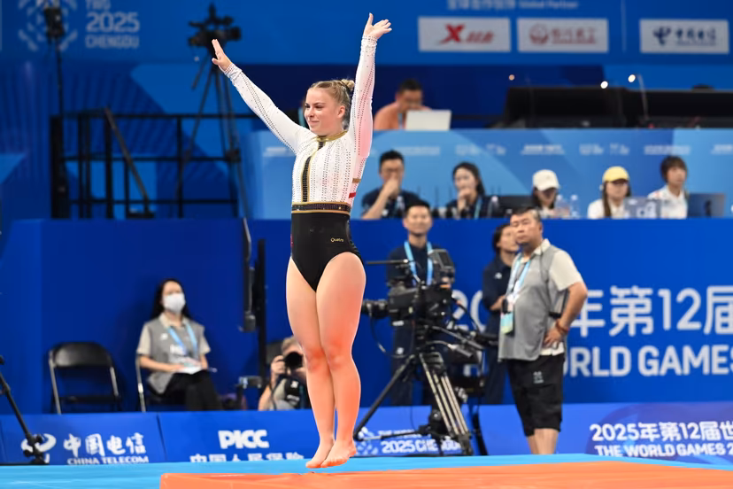 ATTENTION EDITORS - HANDOUT PICTURE - EDITORIAL USE ONLY - MANDATORY CREDIT BOIC - COIB - Lani Spiessens tumbling during the World Games 2025, in Chenghdu, China, on Saturday 9 August 2025. This year, the World Games take place from 07 to 17 augustus. PHOTO HANDOUT BOIC - COIB