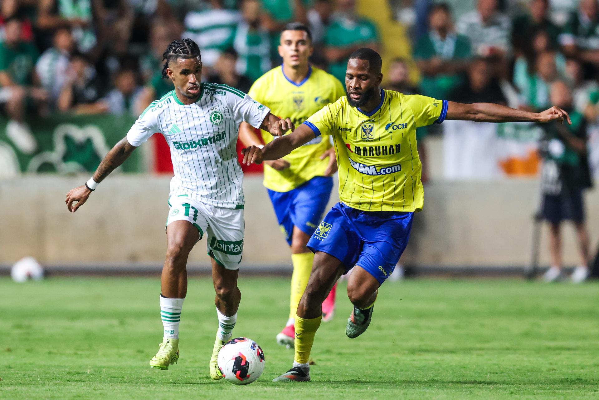 Omonoia's Ewandro Costa and STVV's Abdoulaye Sissako fight for the ball during a soccer game between Cypriot AC Omonia Nicosia and Belgian soccer team Sint-Truidense V.V., Thursday 27 August 2026 in Nicosie, Cyprus, on the return leg of the play-off round for the UEFA Europa League league phase. STVV won the first leg 1-0. BELGA PHOTO BRUNO FAHY