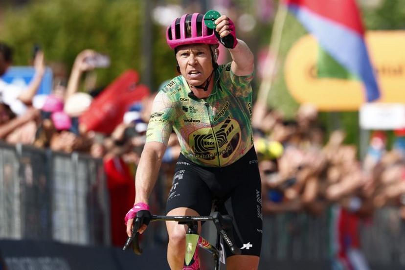 EF Education - EasyPost Danish rider Michael Valgren celebrates as he crosses the finish line to win the 17th stage of the Giro d'Italia 2026 - Tour of Italy cycling race between Cassano d'Adda and Andalo, Italy, on May 27, 2026. Luca Bettini / AFP